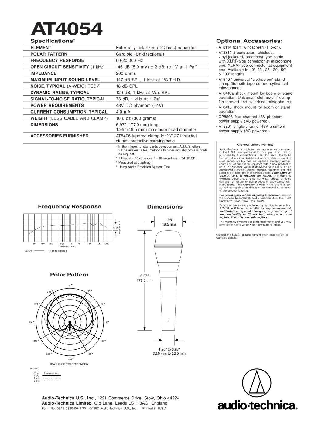Audio-Technica AT4054 specifications Specifications†, Frequency Response Dimensions, Optional Accessories, Polar Pattern 