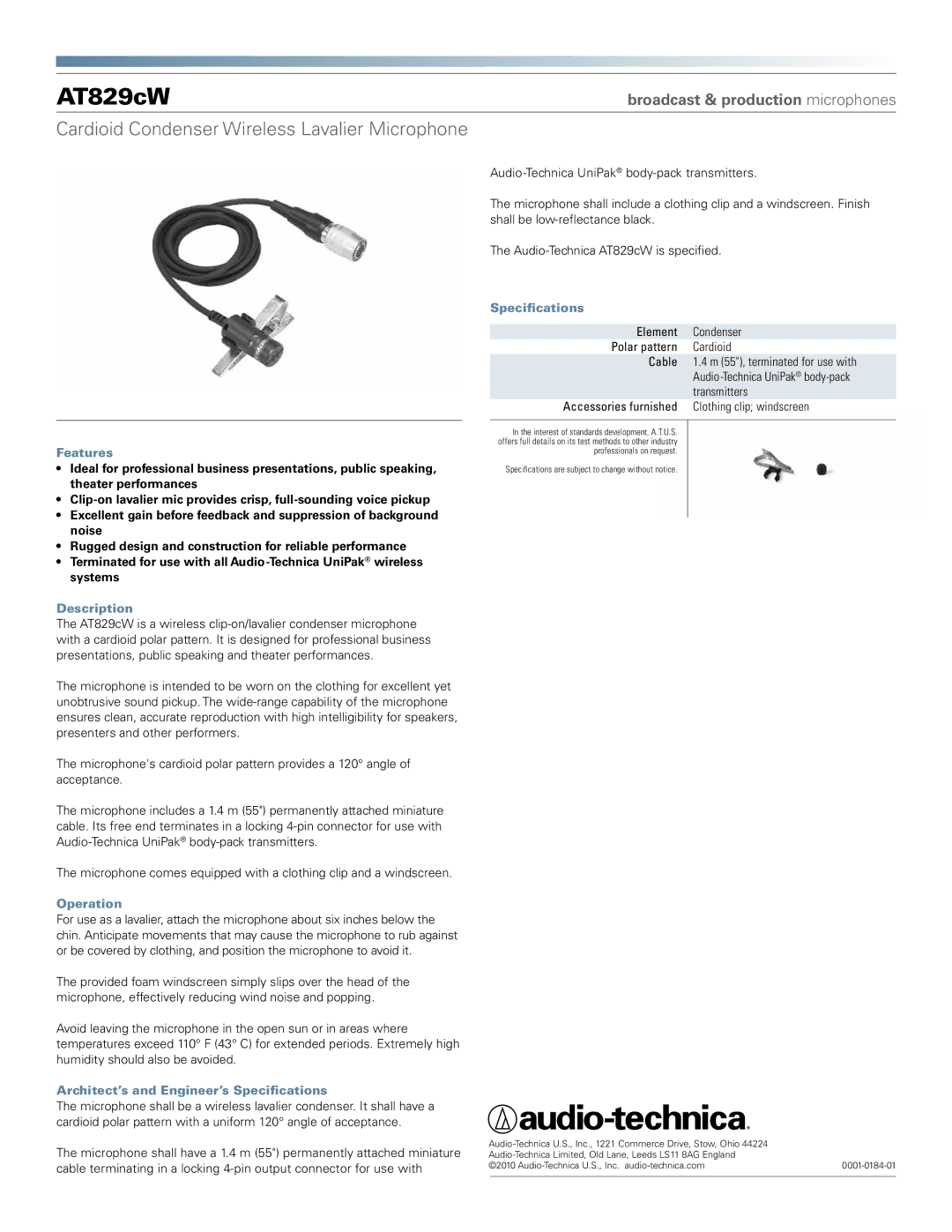 Audio-Technica AT829cW manual Cardioid Condenser Wireless Lavalier Microphone 