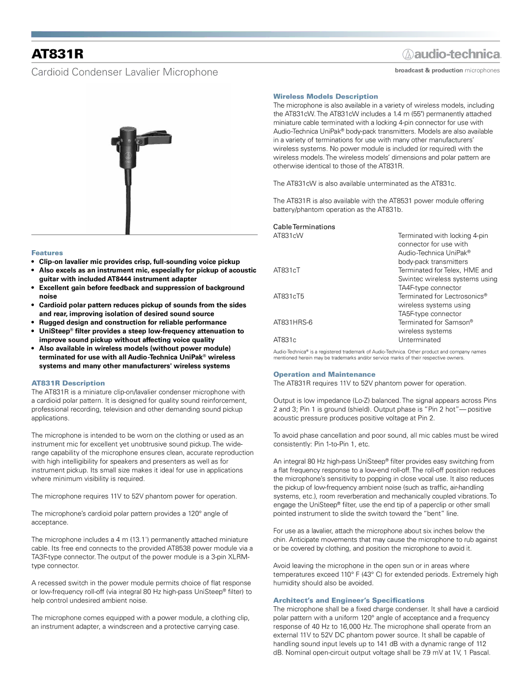 Audio-Technica dimensions Features, AT831R Description, Wireless Models Description, Operation and Maintenance 