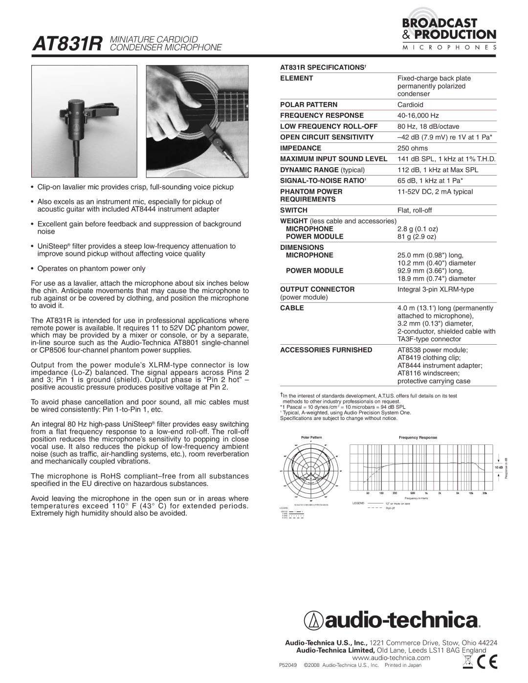 Audio-Technica specifications AT831R Miniature Cardioid Condenser Microphone 