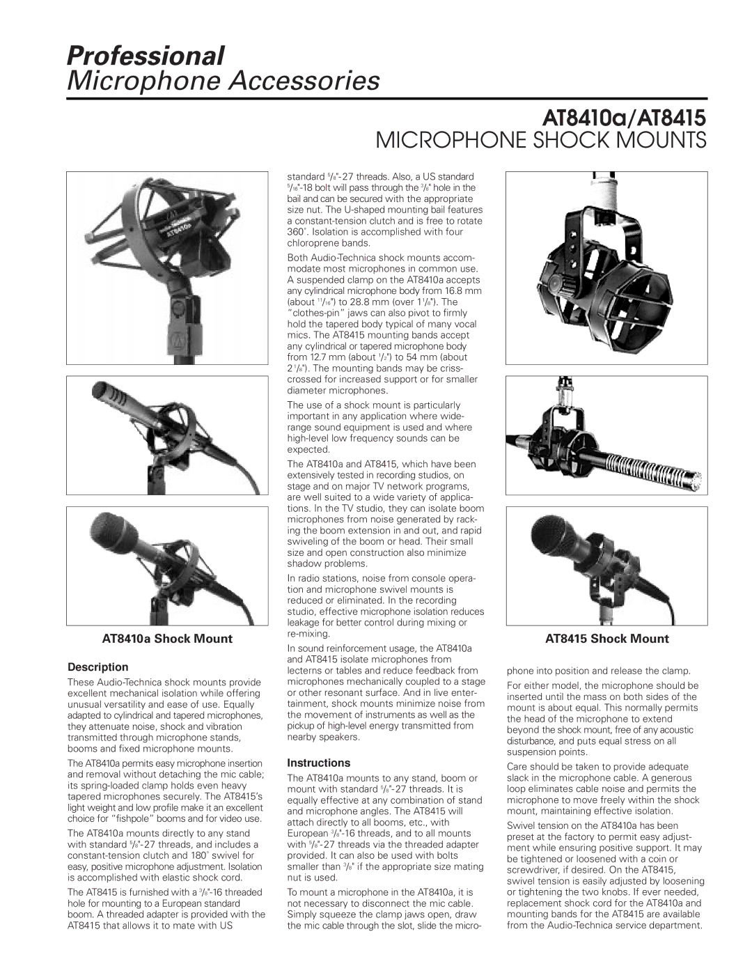 Audio-Technica manual AT8410a Shock Mount, AT8415 Shock Mount, Description, Instructions 