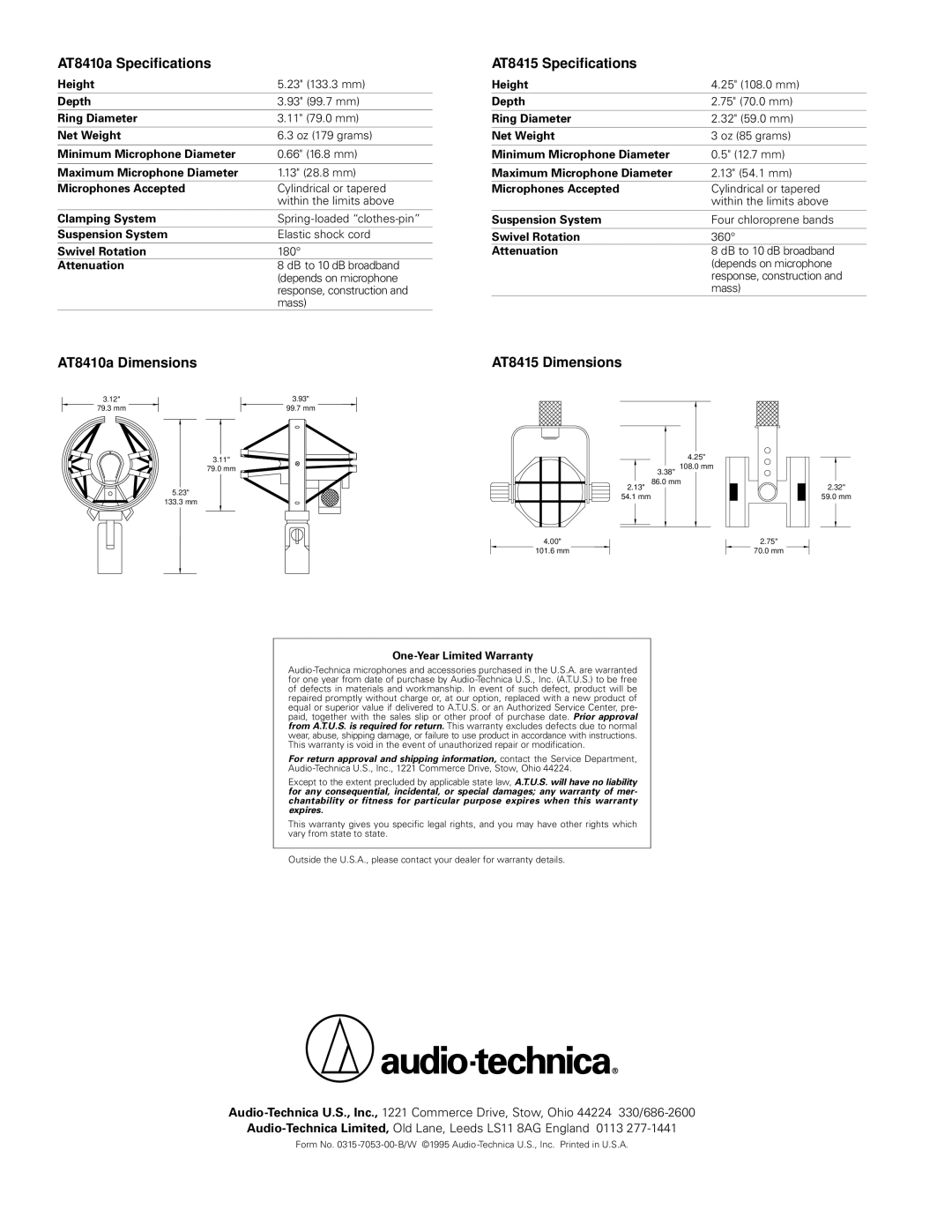 Audio-Technica manual AT8410a Specifications, AT8415 Specifications, AT8410a Dimensions, AT8415 Dimensions 