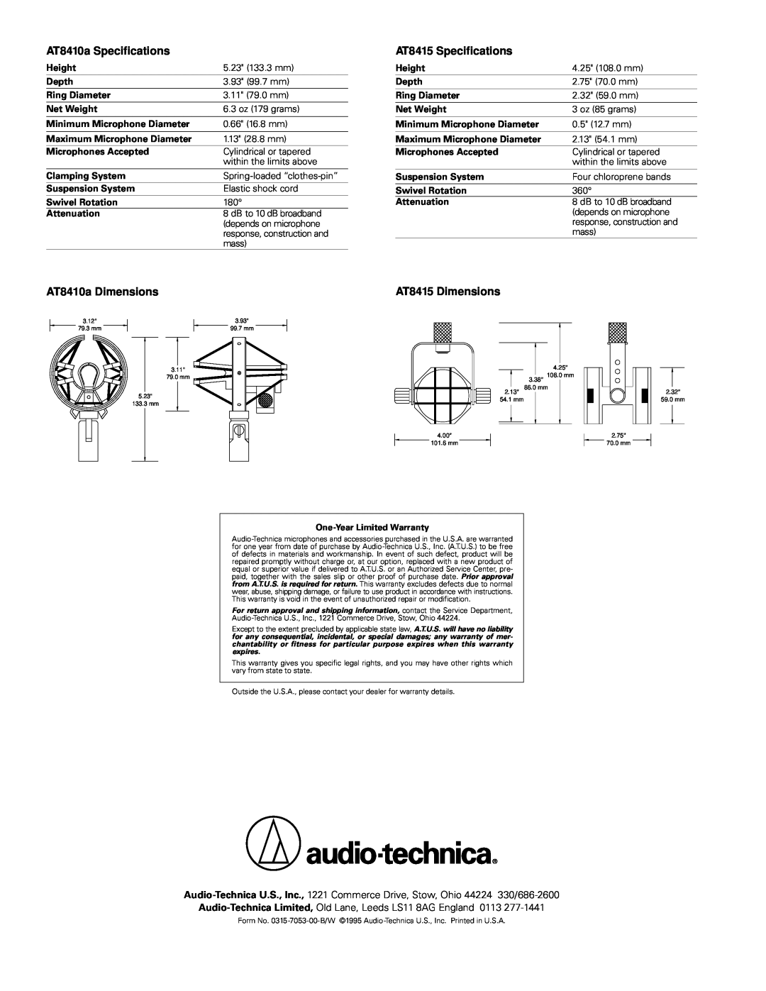 Audio-Technica manual AT8410a Specifications, AT8415 Specifications, AT8410a Dimensions, AT8415 Dimensions 