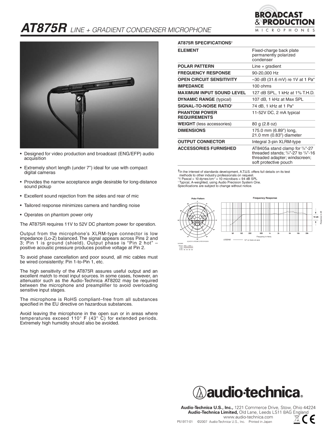 Audio-Technica specifications AT875R Line + Gradient Condenser Microphone 