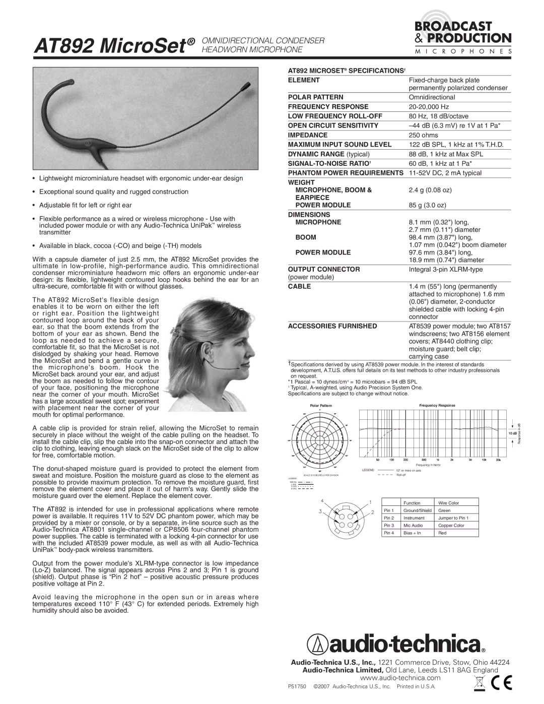 Audio-Technica specifications AT892 Microset SPECIFICATIONS† Element, Polar Pattern, Frequency Response, Impedance 