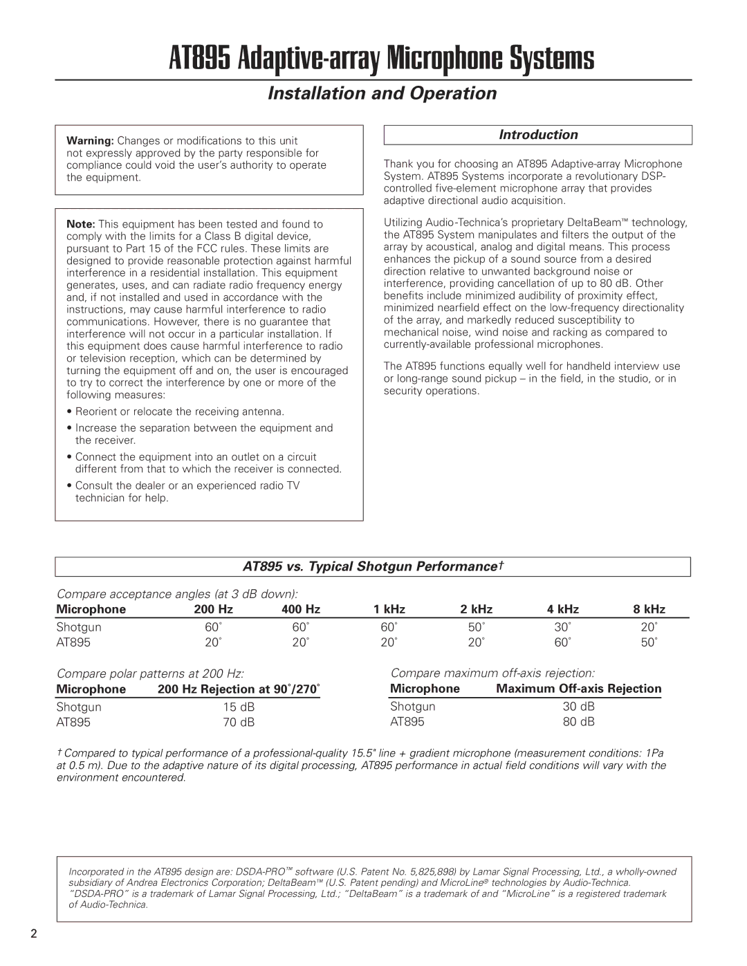 Audio-Technica manual Introduction, AT895 vs. Typical Shotgun Performance† 