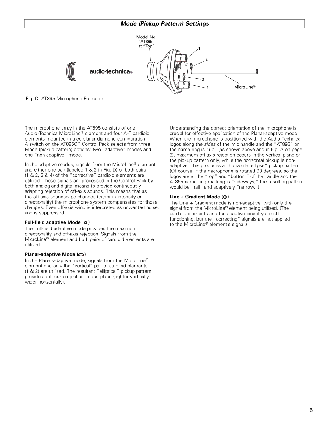 Audio-Technica AT895 Mode Pickup Pattern Settings, Full-field adaptive Mode, Planar-adaptive Mode, Line + Gradient Mode 