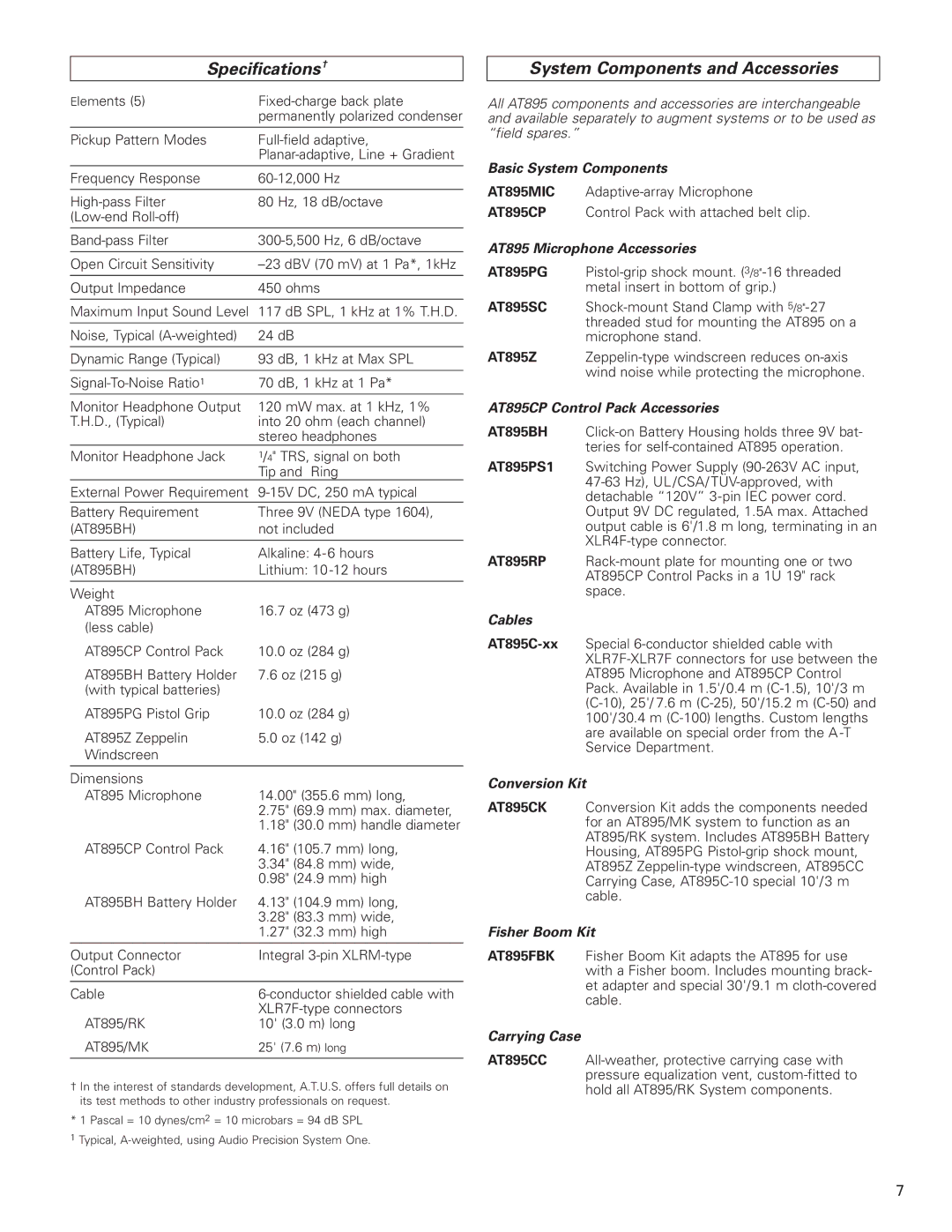 Audio-Technica AT895 manual Specifications†, System Components and Accessories 