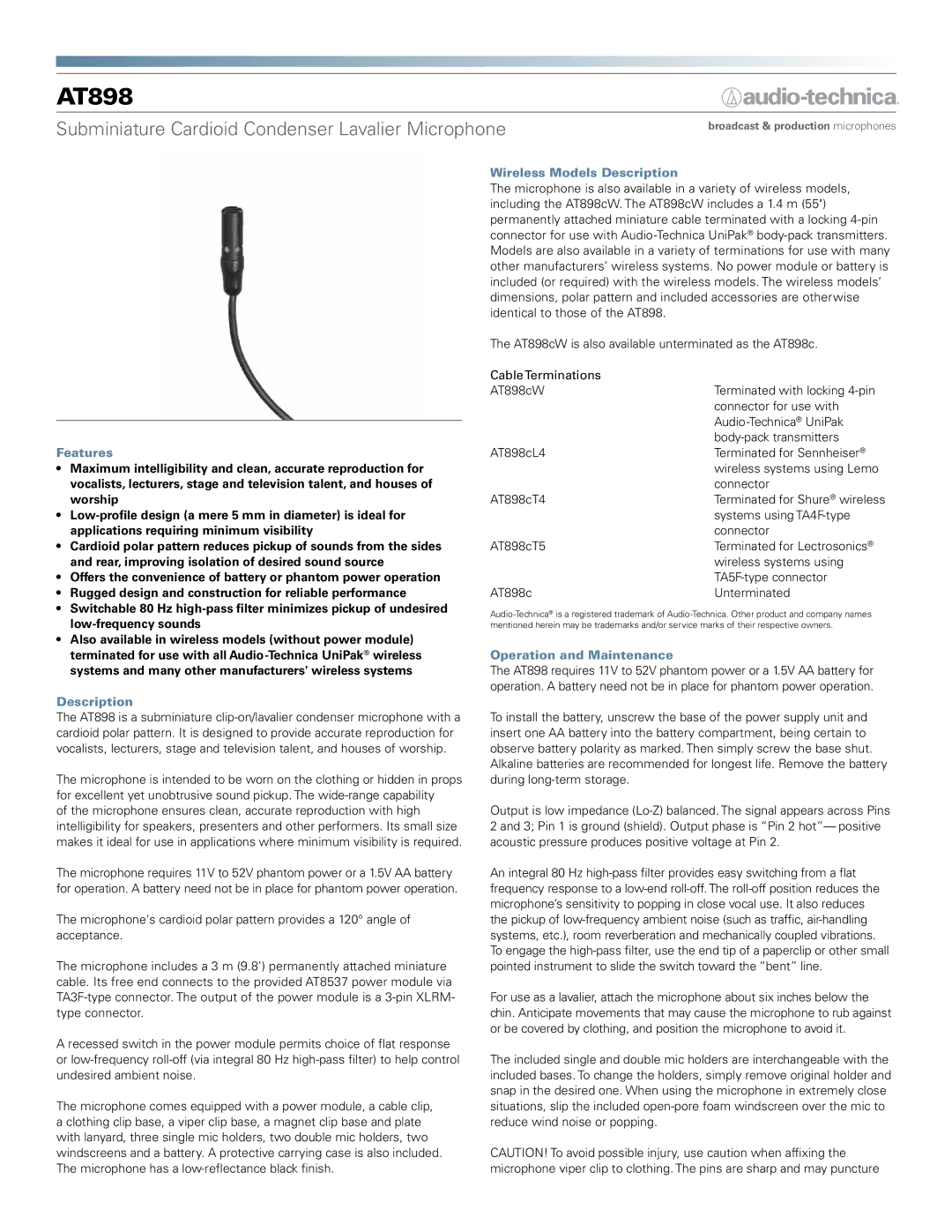 Audio-Technica AT898 dimensions Features, Wireless Models Description, Operation and Maintenance 