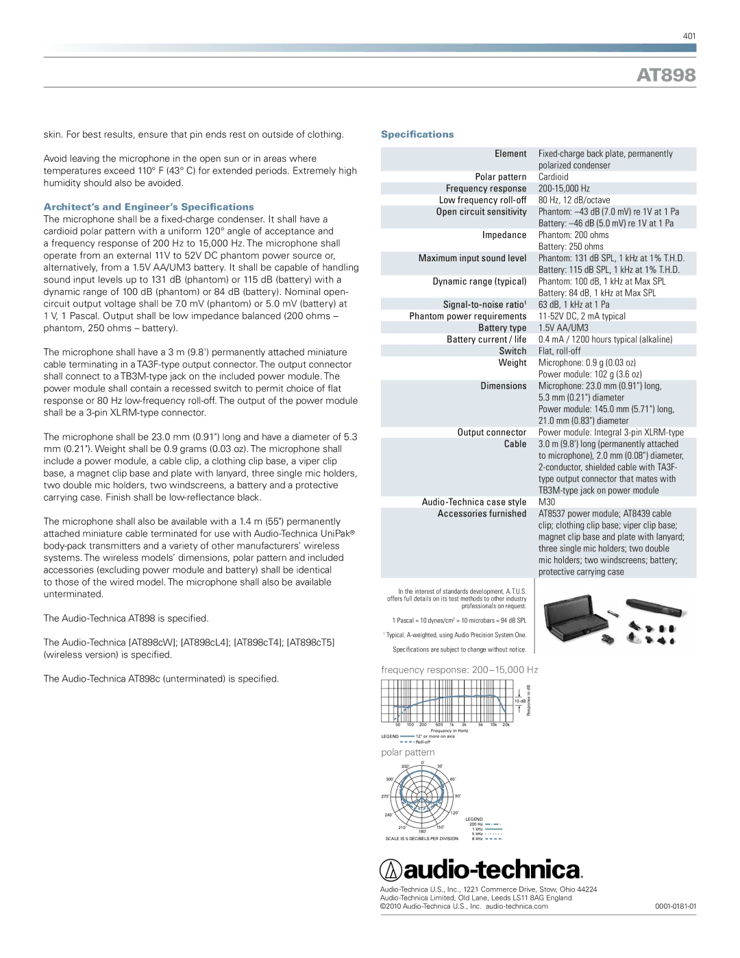 Audio-Technica AT898 dimensions Architect’s and Engineer’s Specifications 