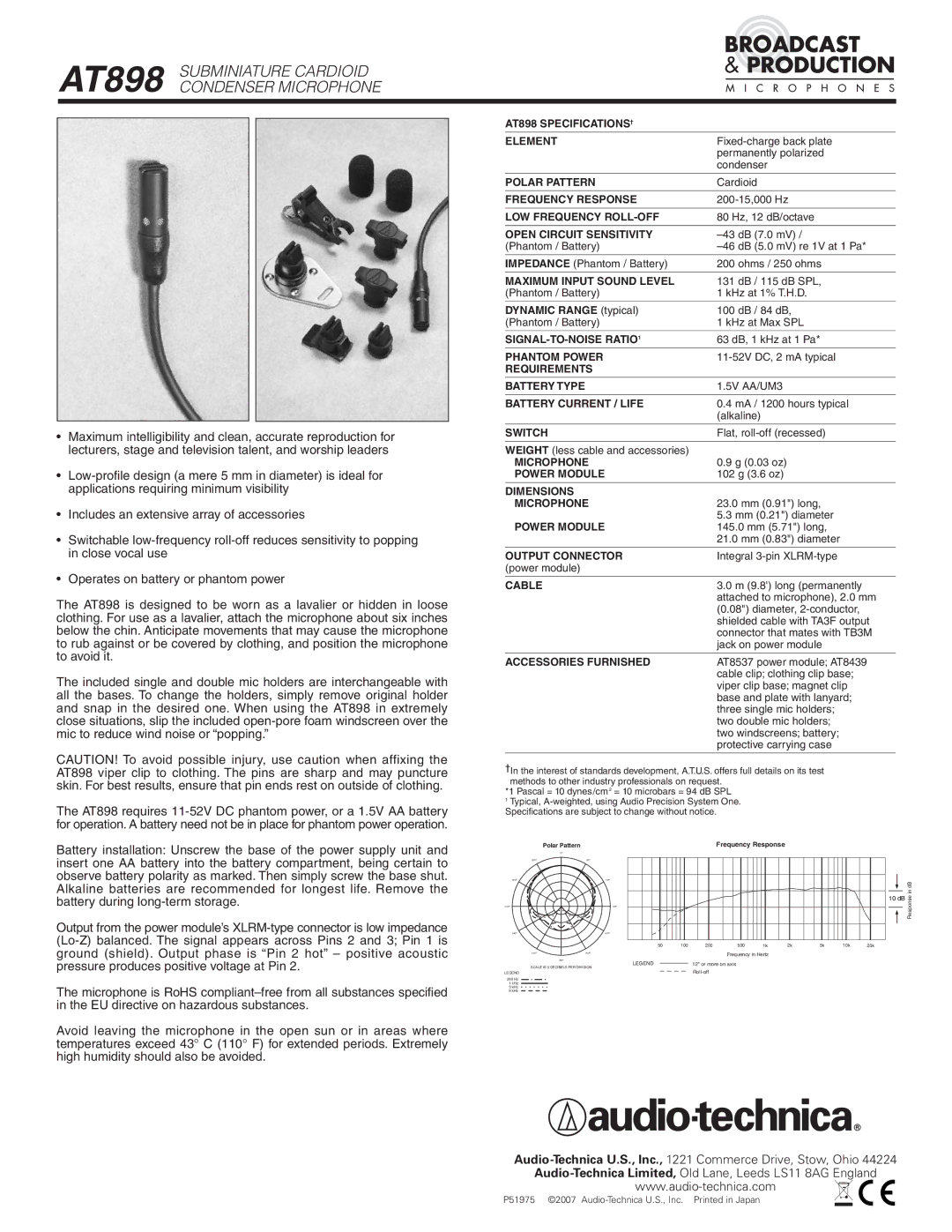 Audio-Technica specifications AT898 Subminiature Cardioid Condenser Microphone 