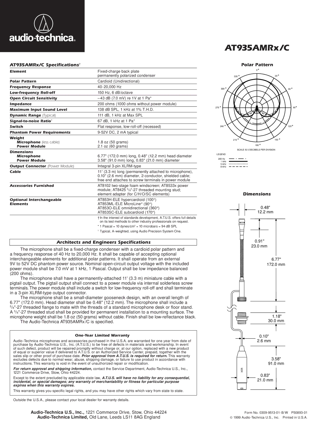 Audio-Technica AT935AMRX/C AT935AMRx/C Specifications†, Architects and Engineers Specifications, Polar Pattern, Dimensions 