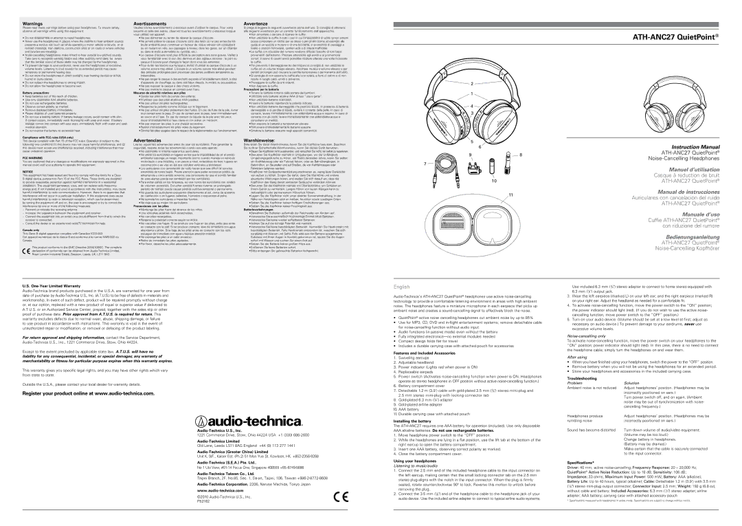 Audio-Technica ATH-ANC27 instruction manual One-Year Limited Warranty, Audio-Technica U.S., Inc, Audio-Technica Limited 