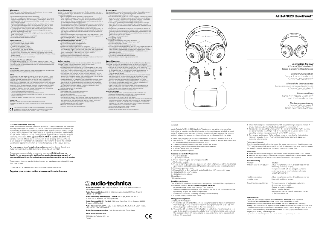 Audio-Technica instruction manual Casque à reduction de bruit, ATH-ANC29 QuietPoint, English 