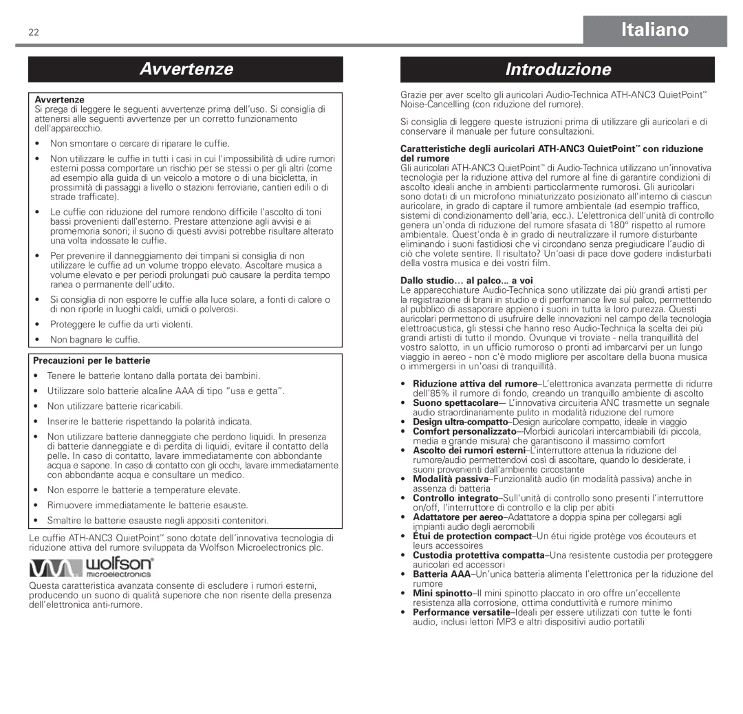 Audio-Technica ATH-ANC3 manual Italiano, Avvertenze, Introduzione 