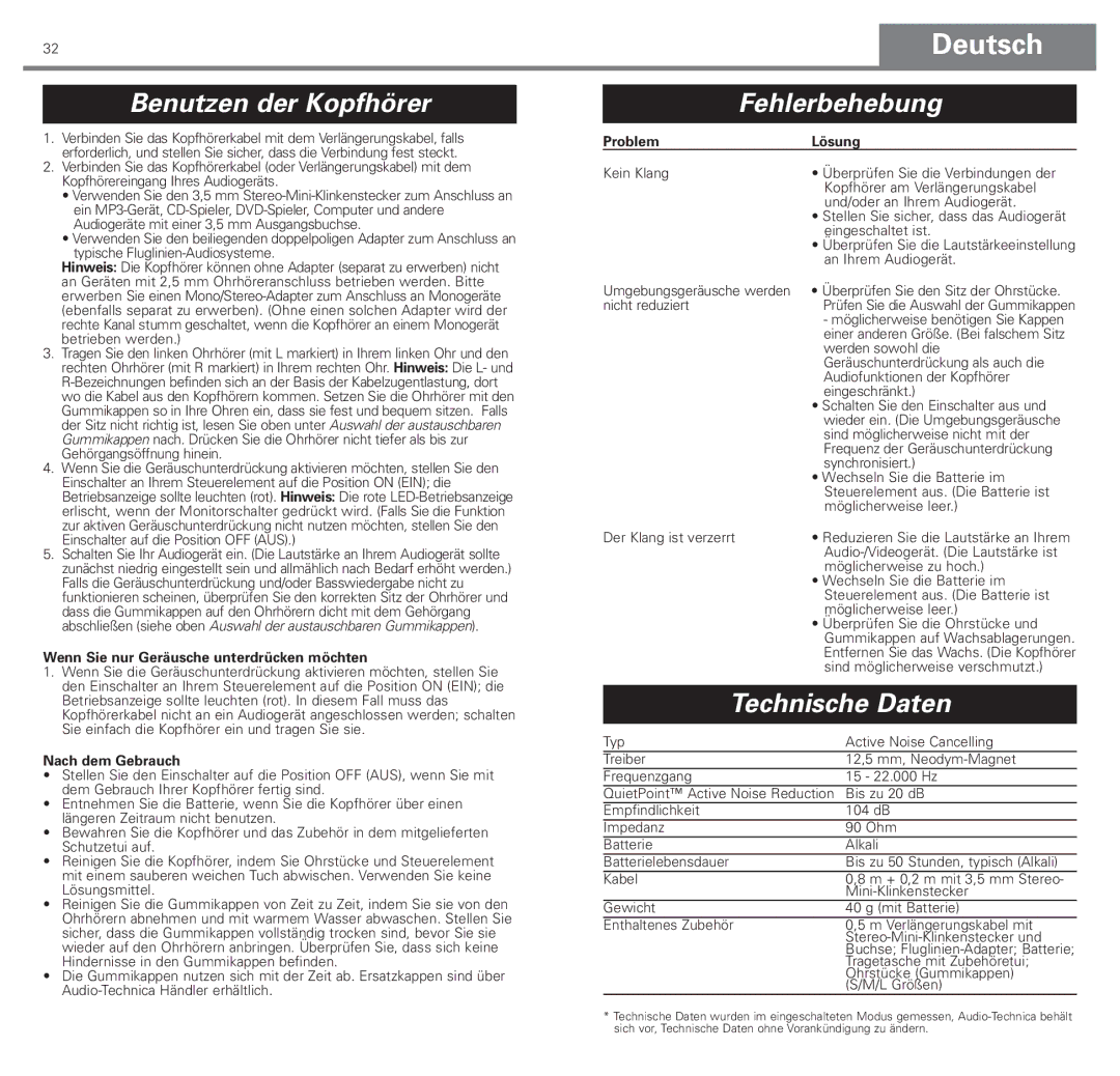 Audio-Technica ATH-ANC3 manual Benutzen der Kopfhörer, Fehlerbehebung, Technische Daten 