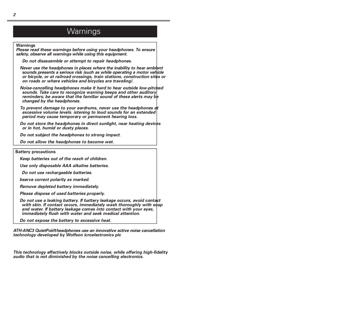 Audio-Technica ATH-ANC3 manual English, Battery precautions, Compliance with FCC rules USA only, Canada only 