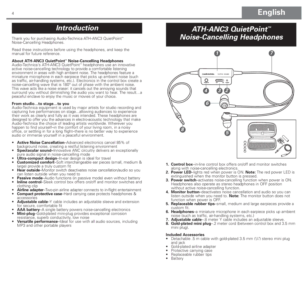 Audio-Technica manual Introduction, ATH-ANC3 QuietPoint Noise-Cancelling Headphones, Included Accessories 