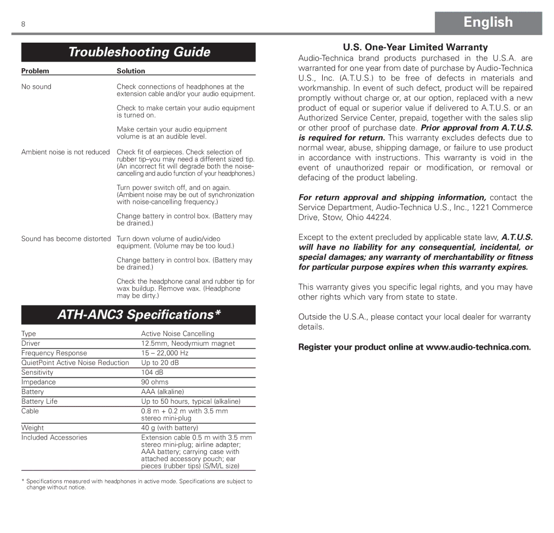 Audio-Technica manual Troubleshooting Guide, ATH-ANC3 Specifications, Problem Solution 