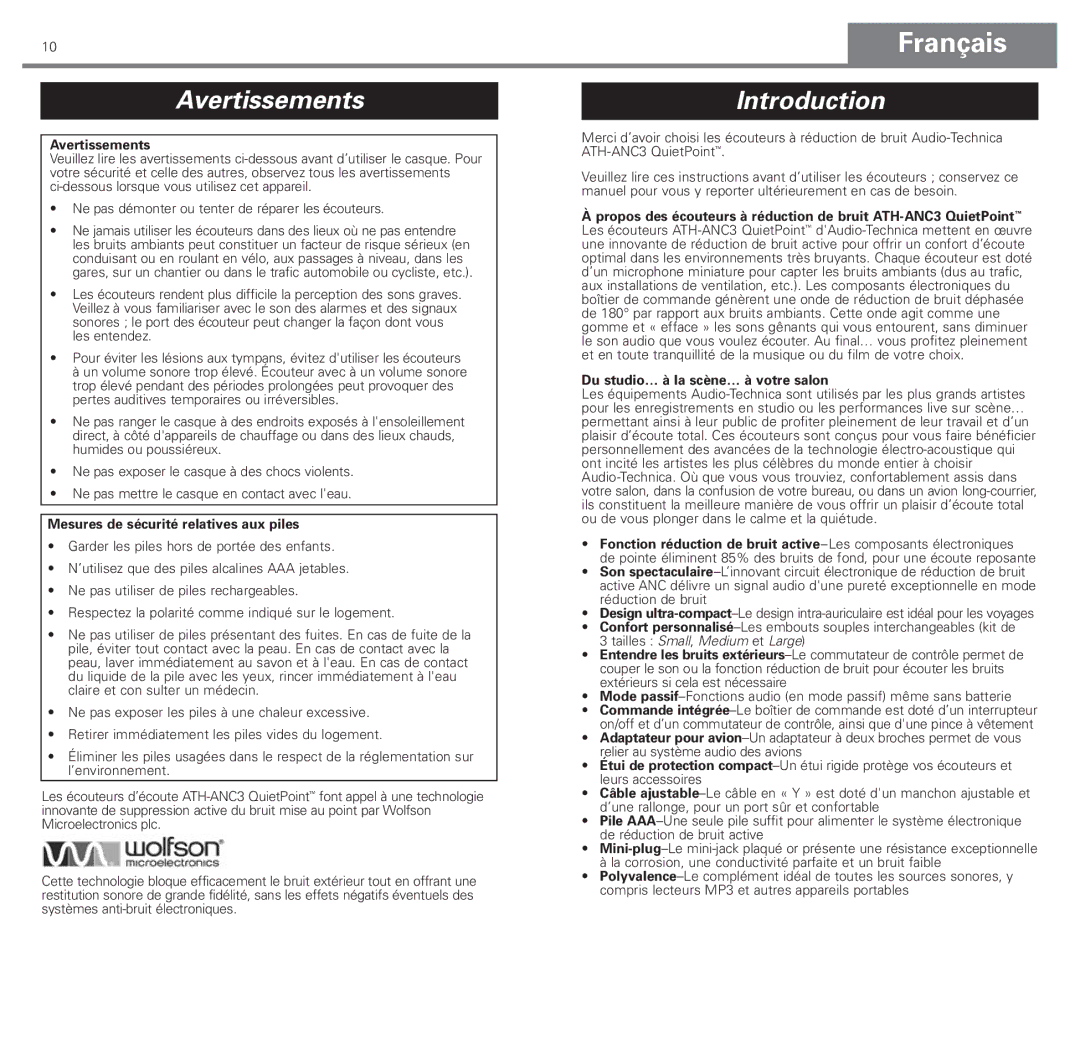 Audio-Technica ATH-ANC3 manual Français, Avertissements, Mesures de sécurité relatives aux piles 