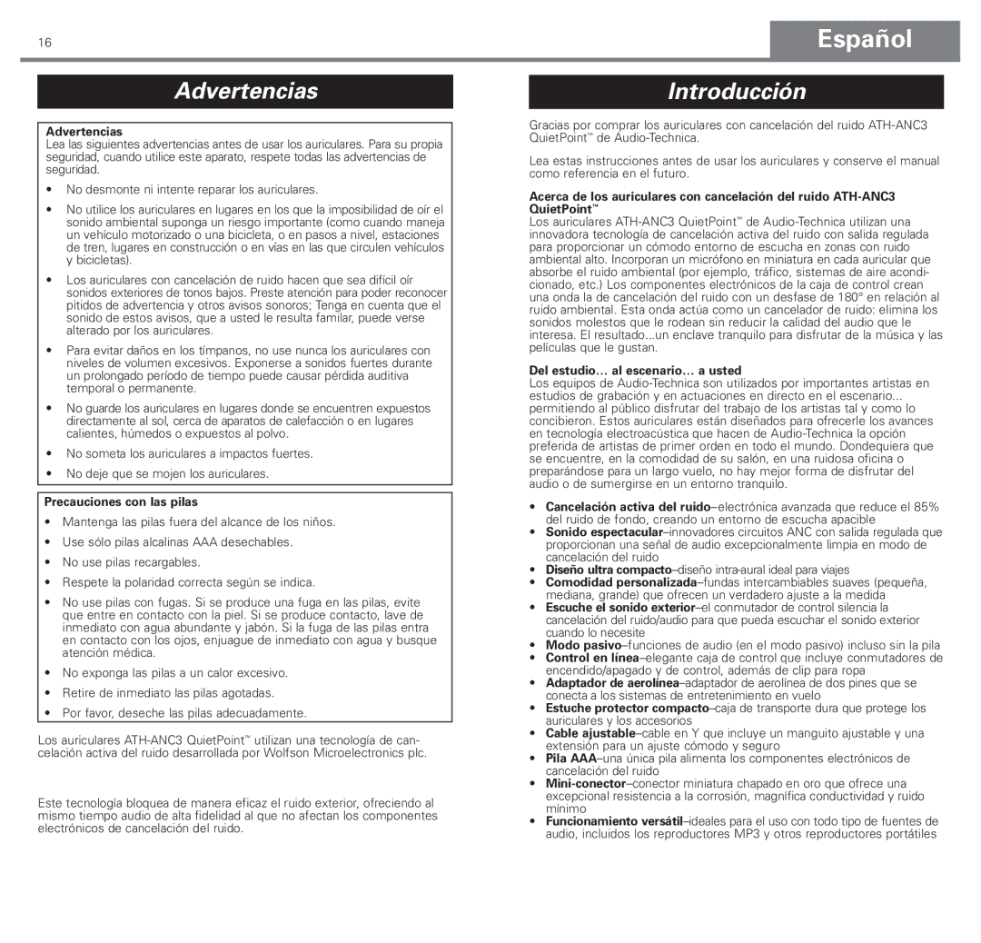 Audio-Technica ATH-ANC3 manual Español, Advertencias, Introducción 