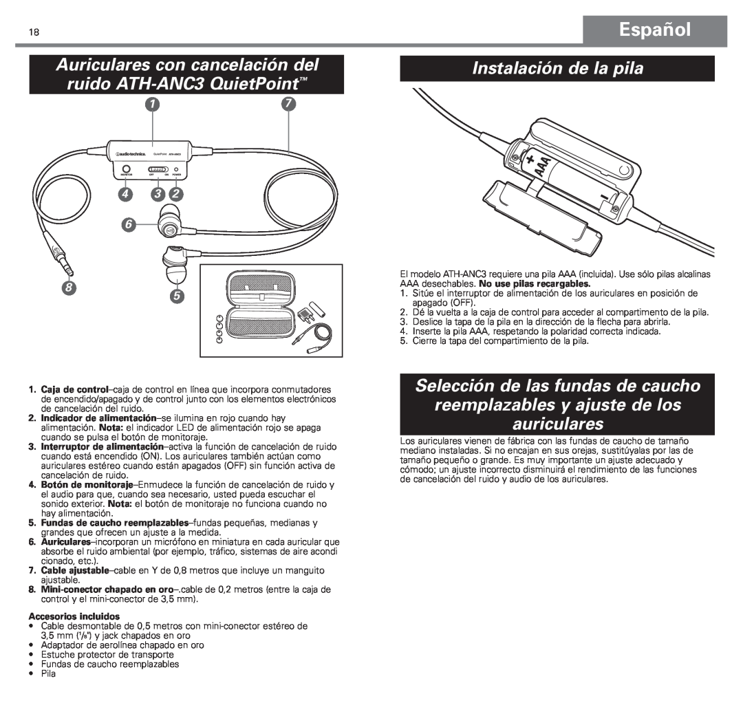 Audio-Technica ATH-ANC3 manual Instalación de la pila, Selección de las fundas de caucho, Español, Accesorios incluidos 