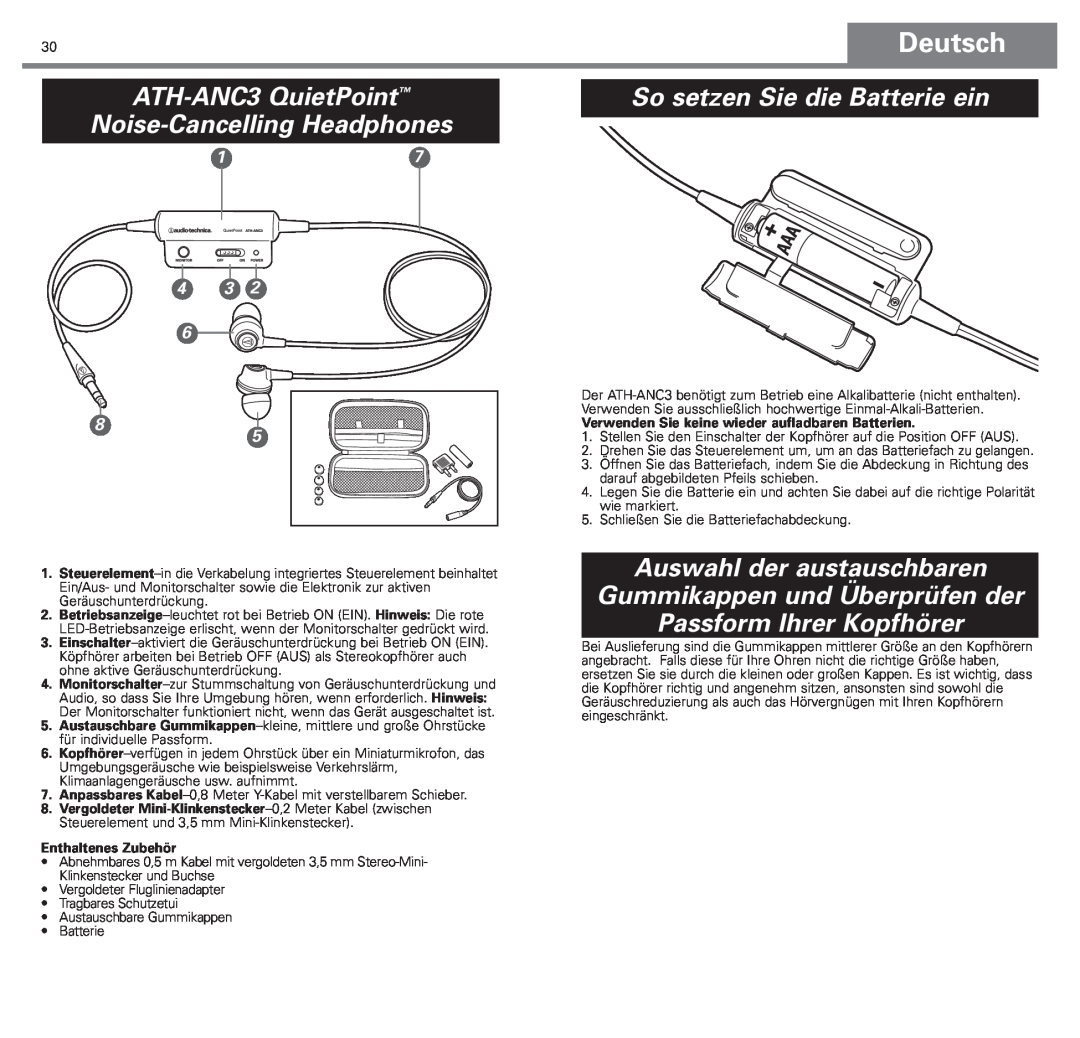 Audio-Technica ATH-ANC3 So setzen Sie die Batterie ein, Auswahl der austauschbaren, Gummikappen und Überprüfen der, 17 4 