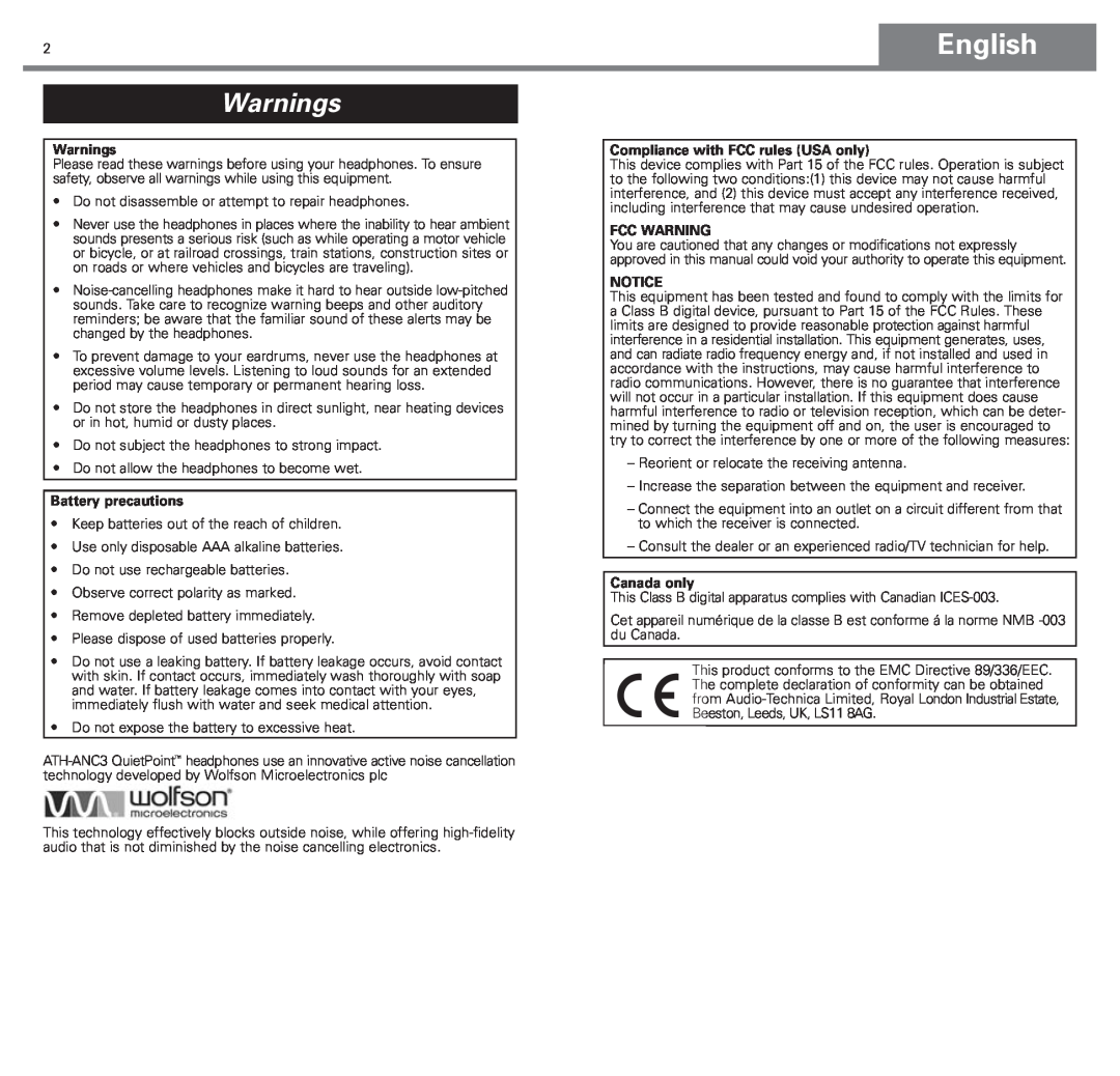 Audio-Technica ATH-ANC3 manual English, Warnings, Battery precautions, Compliance with FCC rules USA only, Fcc Warning 