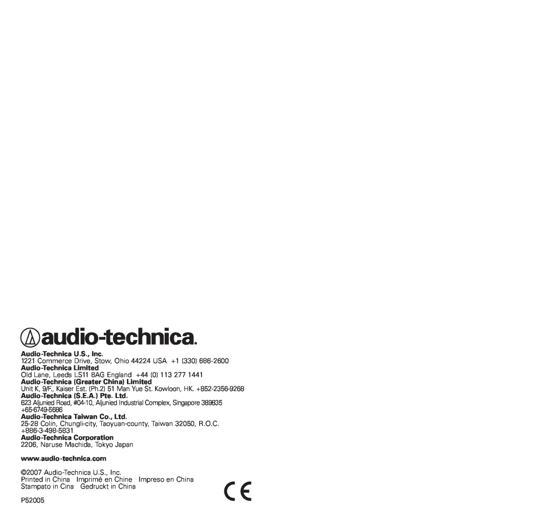 Audio-Technica ATH-ANC3 manual Audio-TechnicaU.S., Inc, Audio-TechnicaLimited, Audio-TechnicaGreater China Limited 