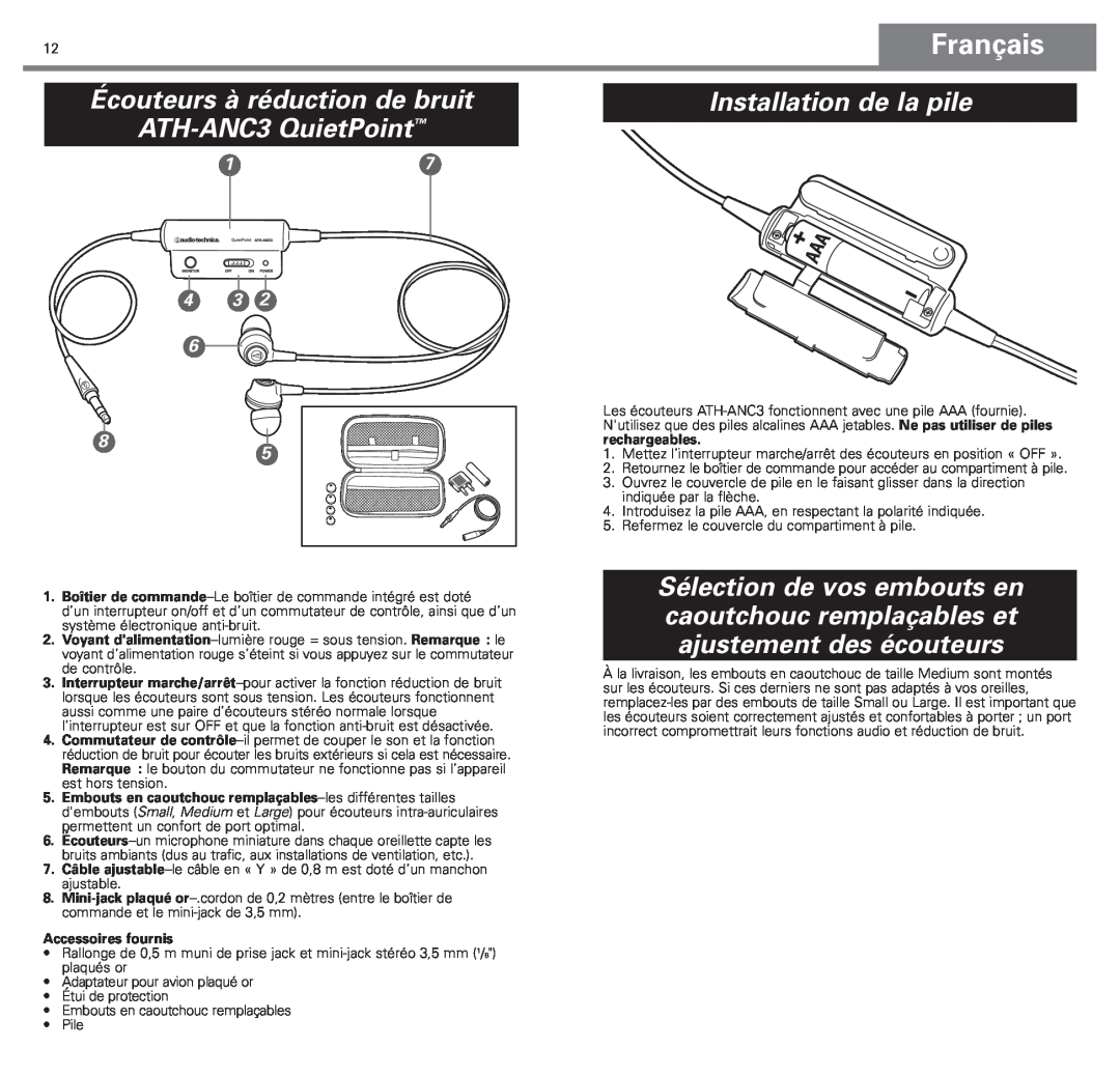 Audio-Technica manual Écouteurs à réduction de bruit ATH-ANC3QuietPoint, Installation de la pile, Français 