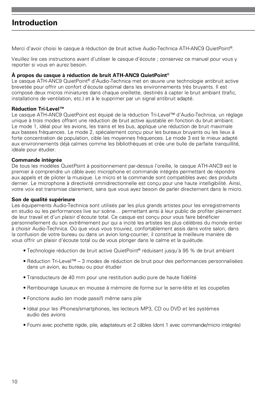 Audio-Technica Propos du casque à réduction de bruit ATH-ANC9 QuietPoint, Réduction Tri-Level, Commande intégrée 