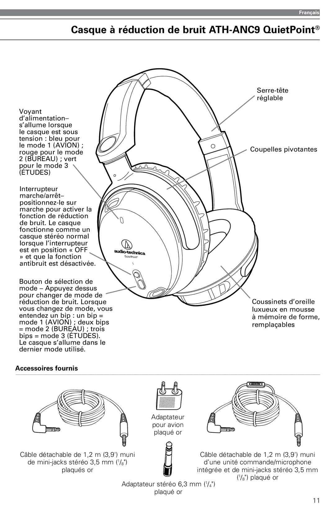 Audio-Technica instruction manual Casque à réduction de bruit ATH-ANC9 QuietPoint, Accessoires fournis 