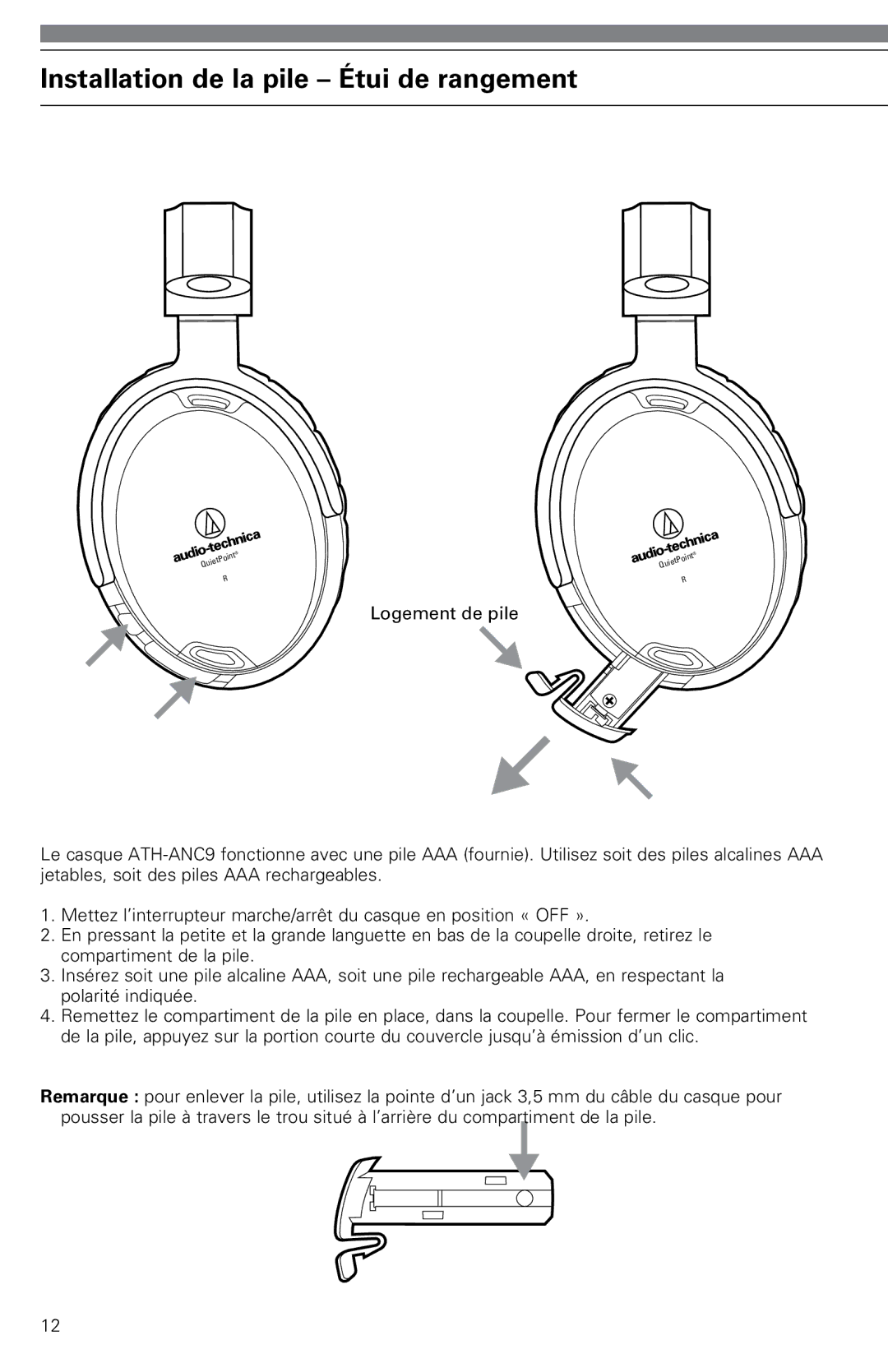 Audio-Technica ATH-ANC9 instruction manual Installation de la pile Étui de rangement 