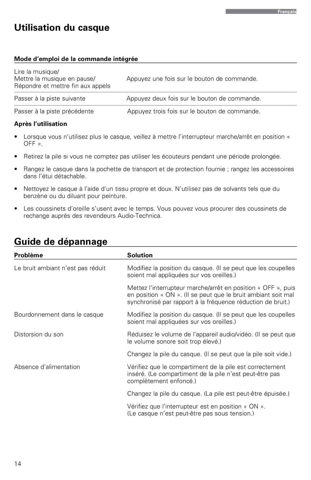 Audio-Technica ATH-ANC9 Guide de dépannage, Mode d’emploi de la commande intégrée, Après l’utilisation, Problème Solution 