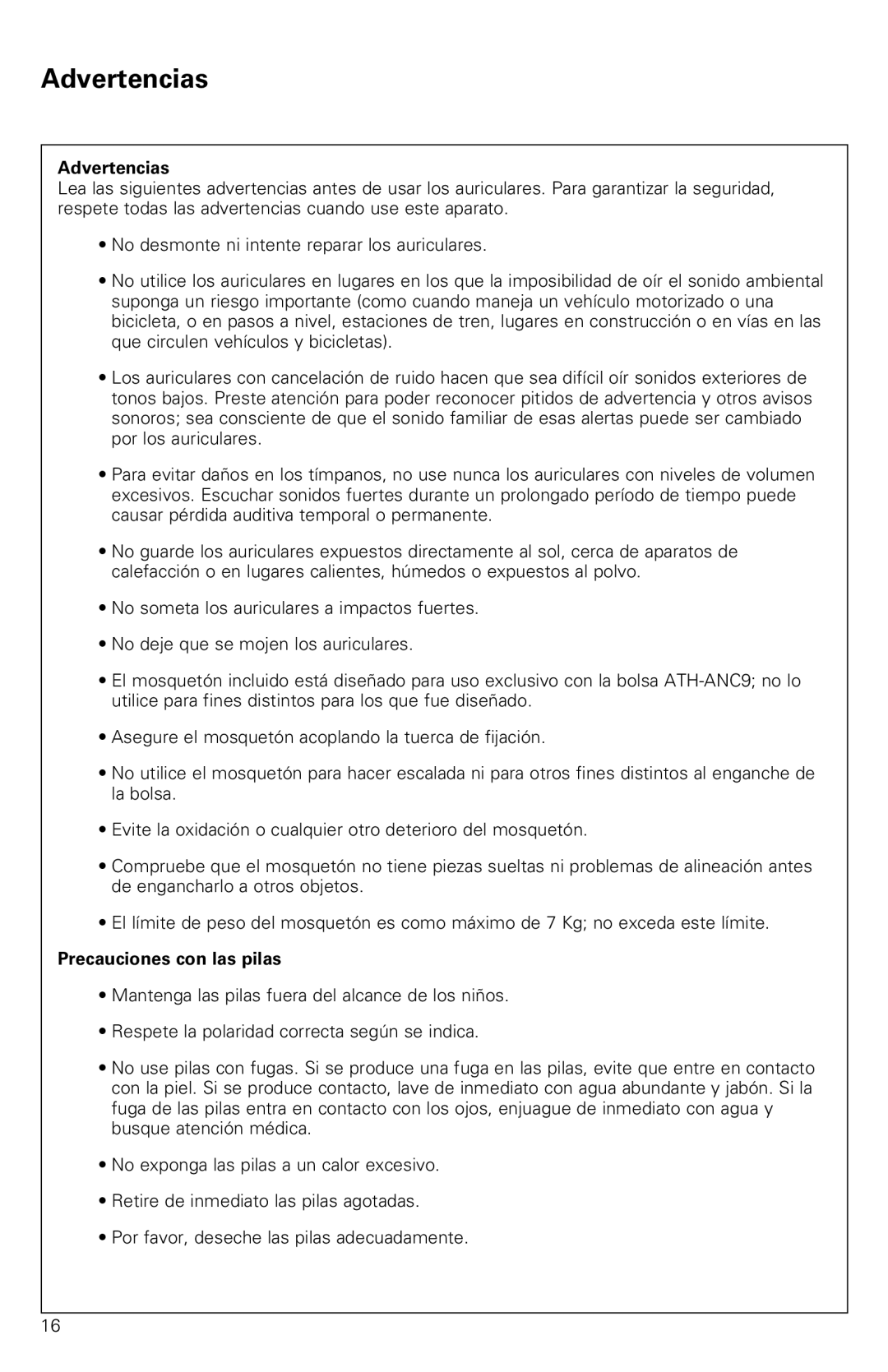 Audio-Technica ATH-ANC9 instruction manual Advertencias, Precauciones con las pilas 