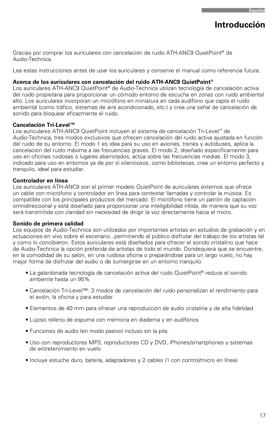 Audio-Technica ATH-ANC9 Introducción, Cancelación Tri-Level, Controlador en línea, Sonido de primera calidad 