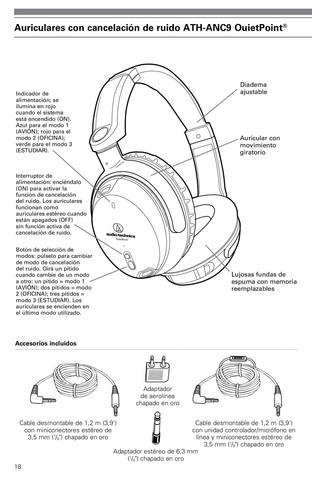 Audio-Technica instruction manual Auriculares con cancelación de ruido ATH-ANC9 OuietPoint, Accesorios incluidos 