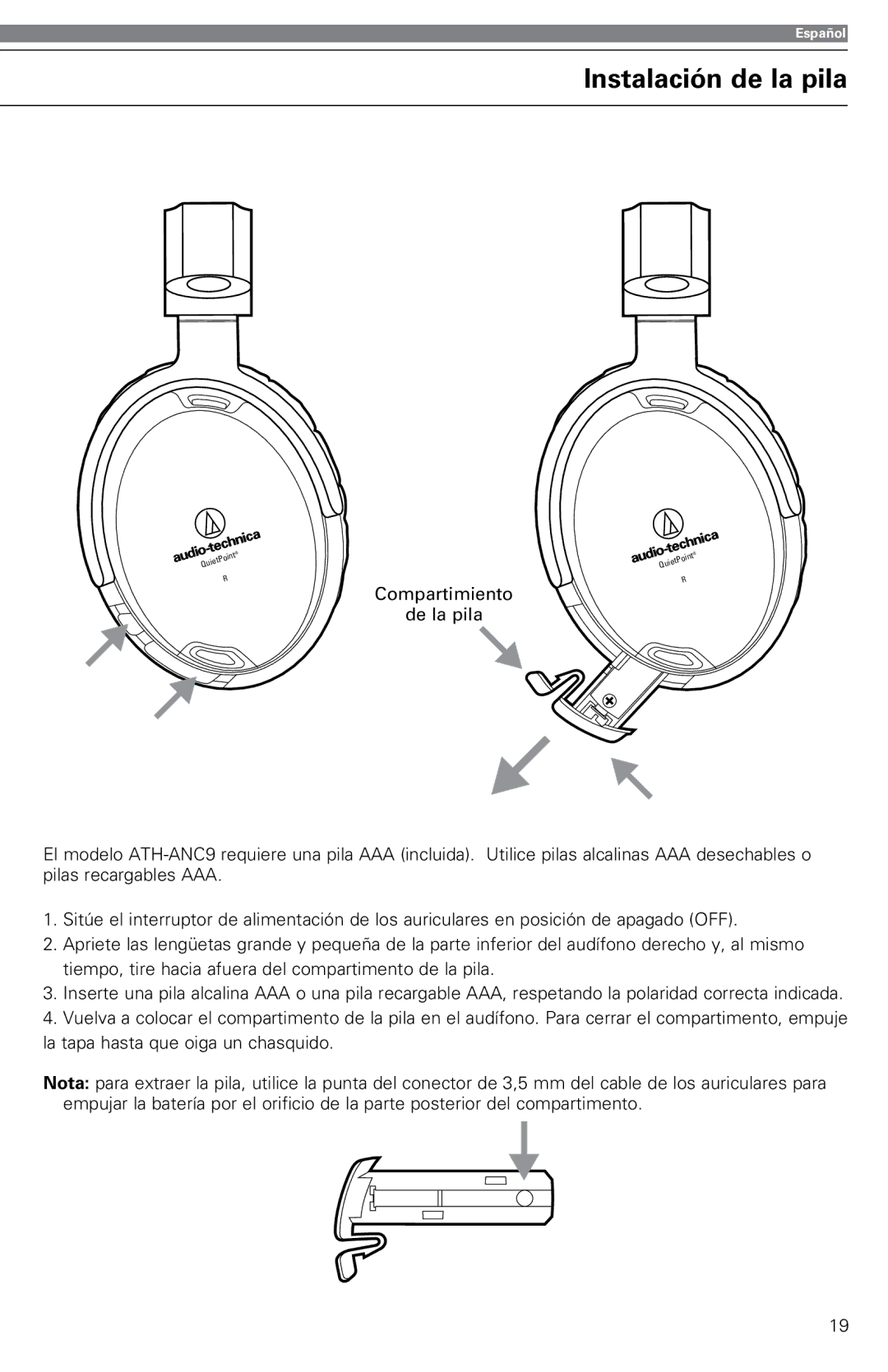 Audio-Technica ATH-ANC9 instruction manual Instalación de la pila 