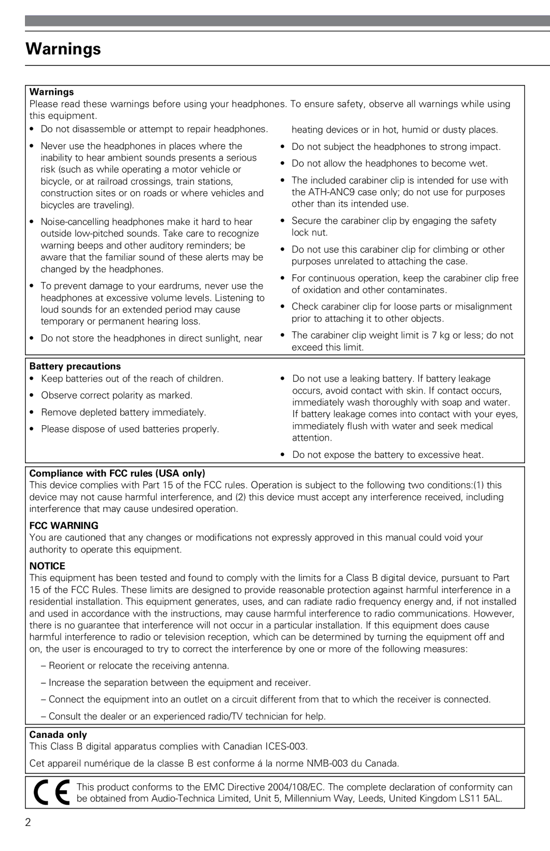 Audio-Technica ATH-ANC9 instruction manual FCC Warning 