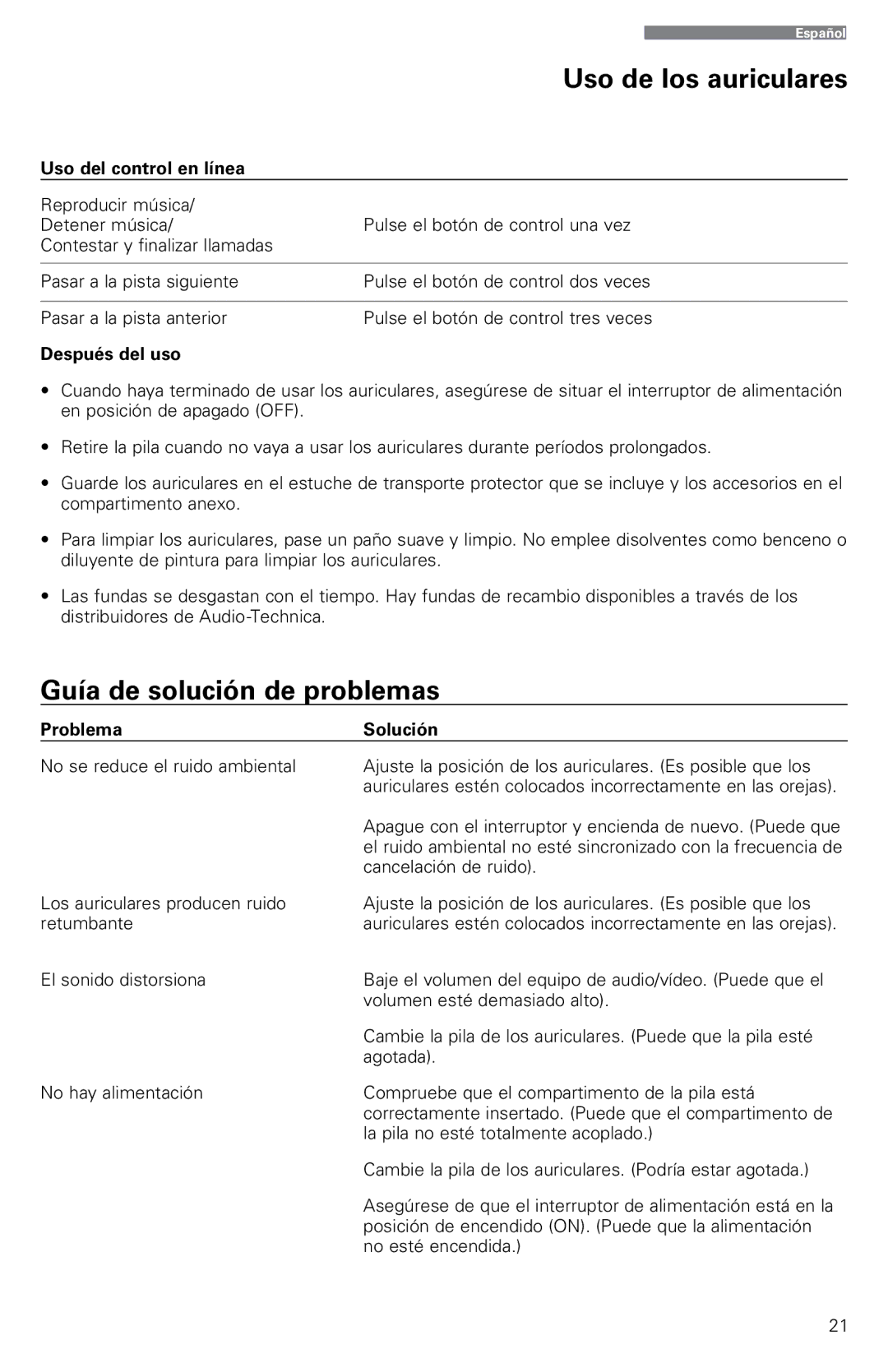 Audio-Technica ATH-ANC9 Guía de solución de problemas, Uso del control en línea, Después del uso, Problema Solución 