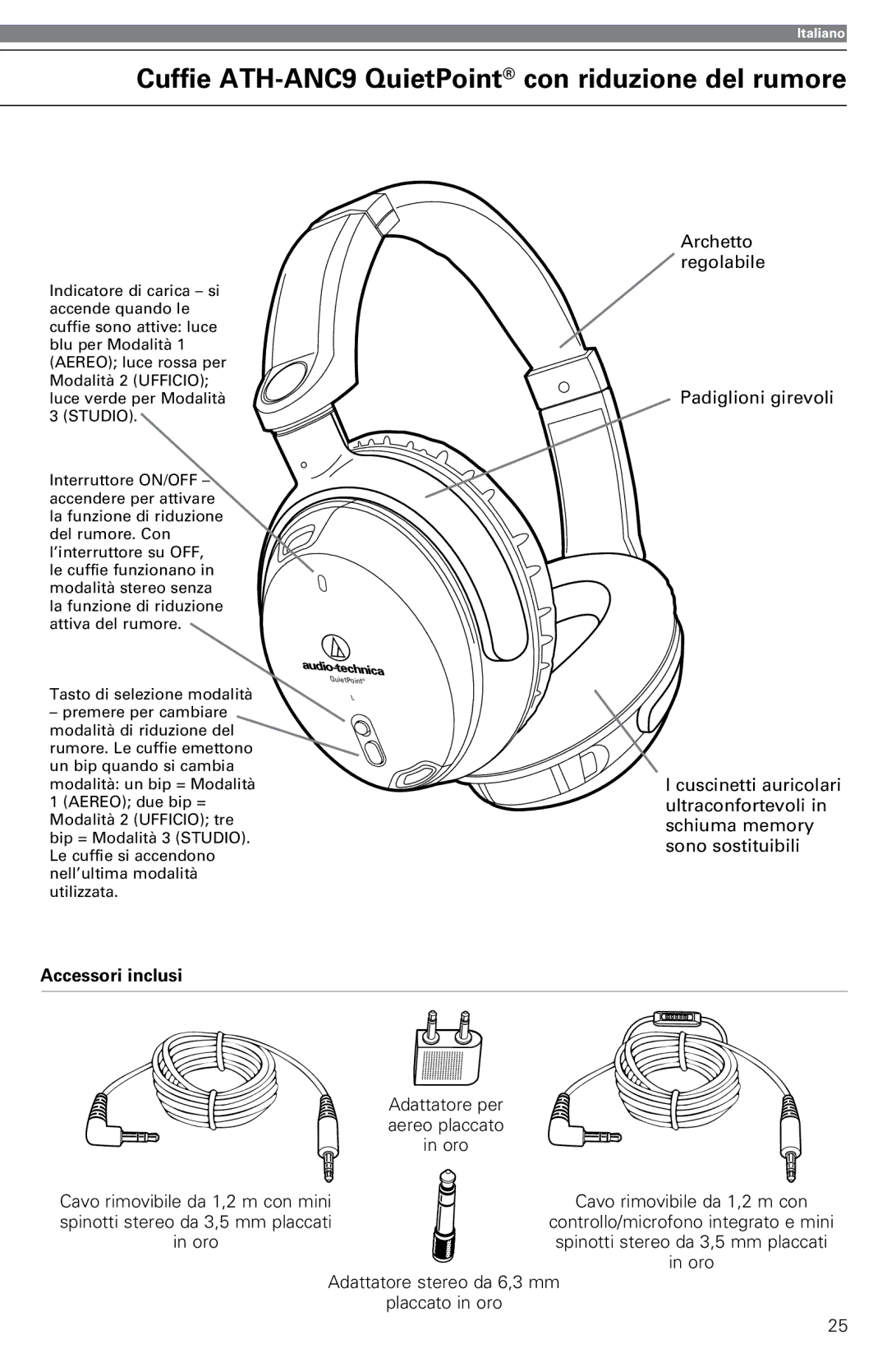 Audio-Technica instruction manual Cuffie ATH-ANC9 QuietPoint con riduzione del rumore, Accessori inclusi 