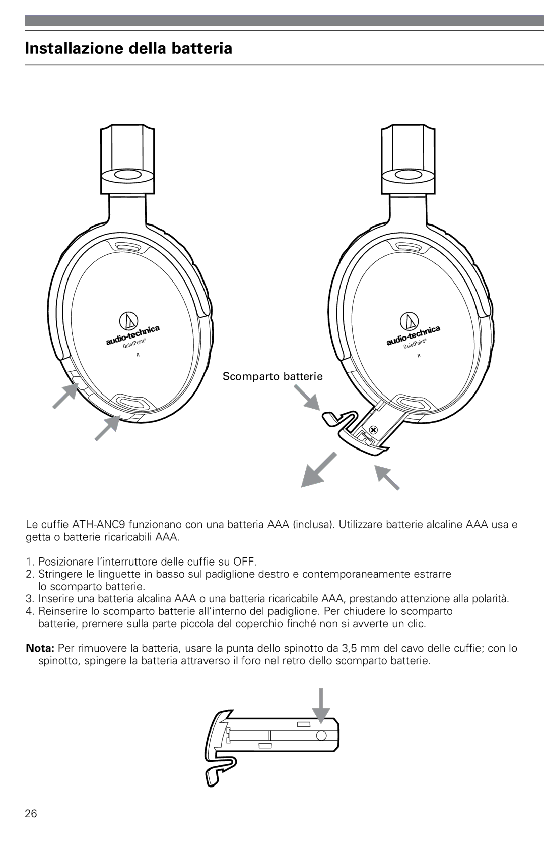 Audio-Technica ATH-ANC9 instruction manual Installazione della batteria 