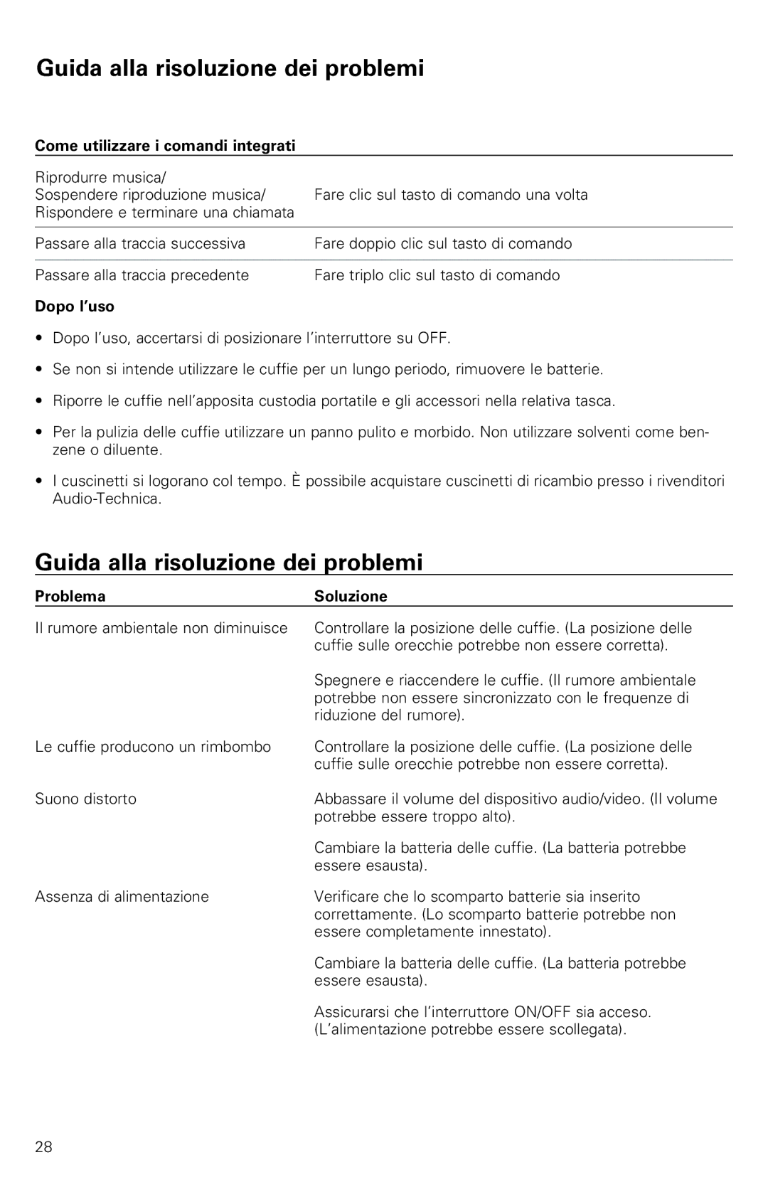 Audio-Technica ATH-ANC9 Guida alla risoluzione dei problemi, Come utilizzare i comandi integrati, Dopo l’uso 