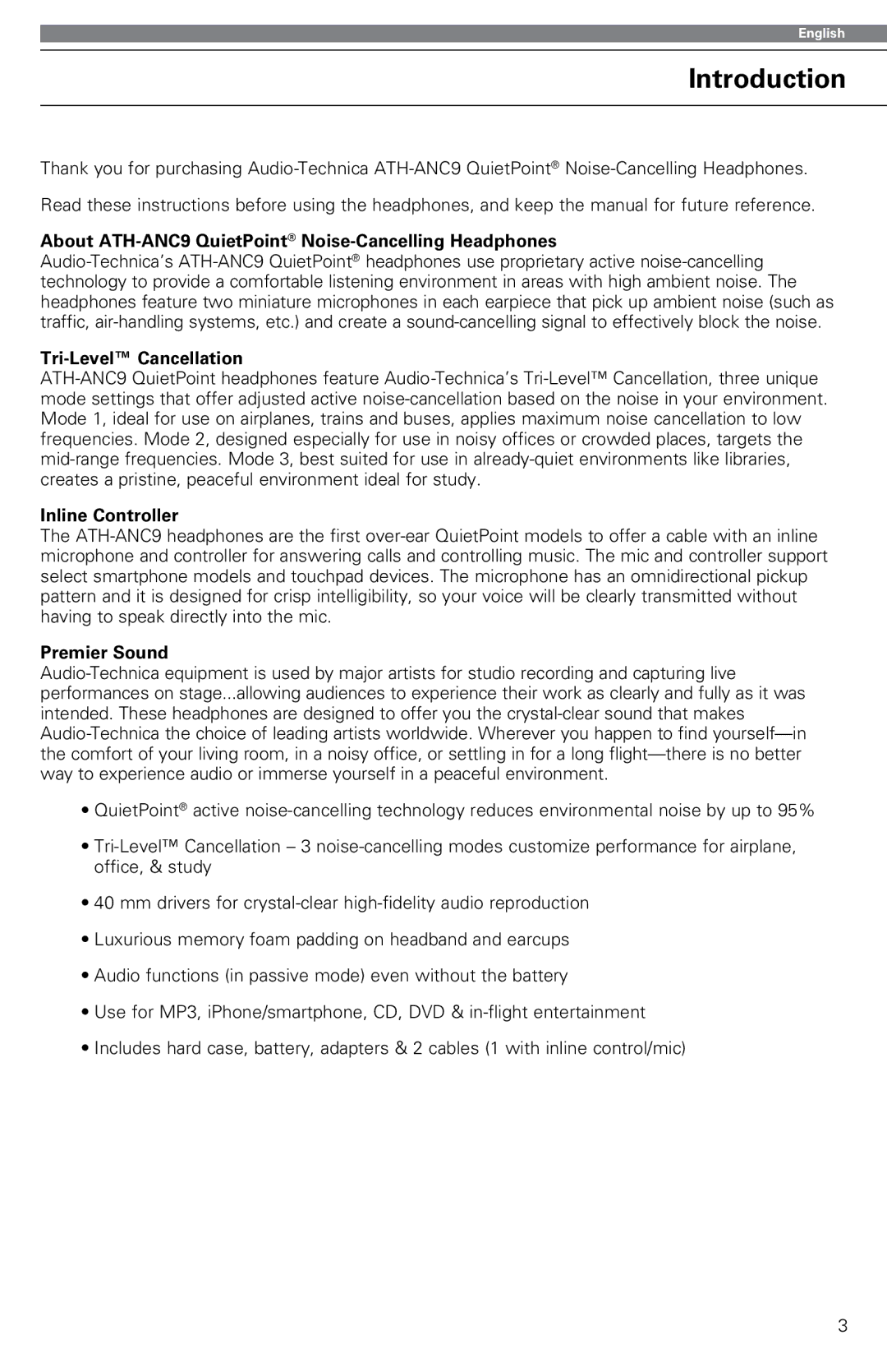 Audio-Technica Introduction, About ATH-ANC9 QuietPoint Noise-Cancelling Headphones, Tri-Level Cancellation 