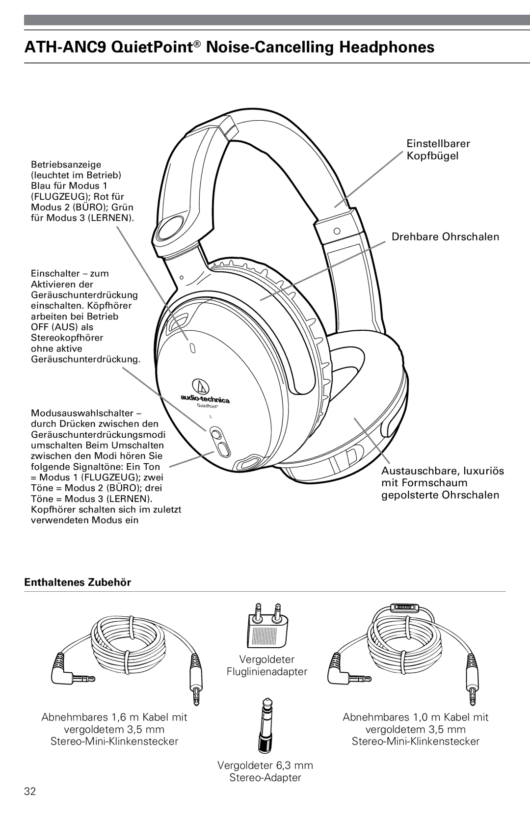 Audio-Technica ATH-ANC9 instruction manual Einstellbarer Kopfbügel Drehbare Ohrschalen, Enthaltenes Zubehör 