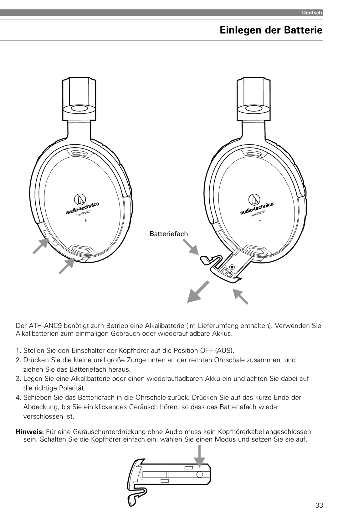 Audio-Technica ATH-ANC9 instruction manual Einlegen der Batterie 