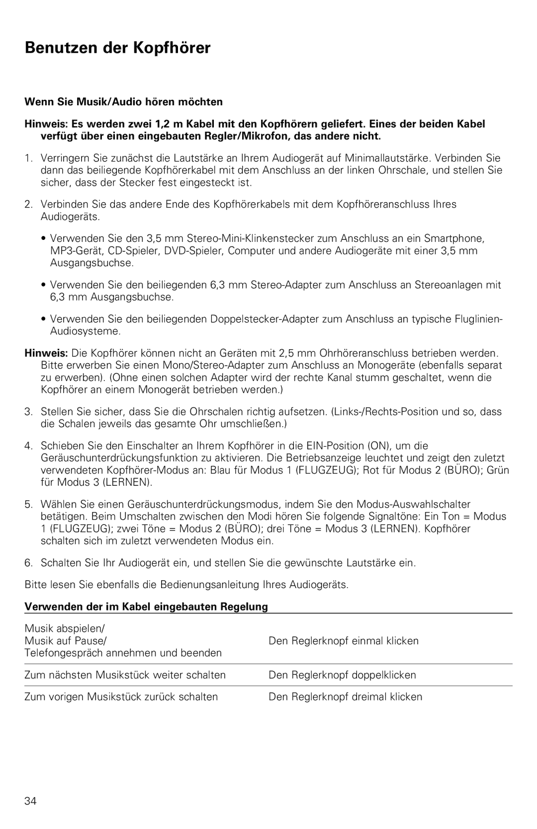 Audio-Technica ATH-ANC9 instruction manual Benutzen der Kopfhörer, Verwenden der im Kabel eingebauten Regelung 