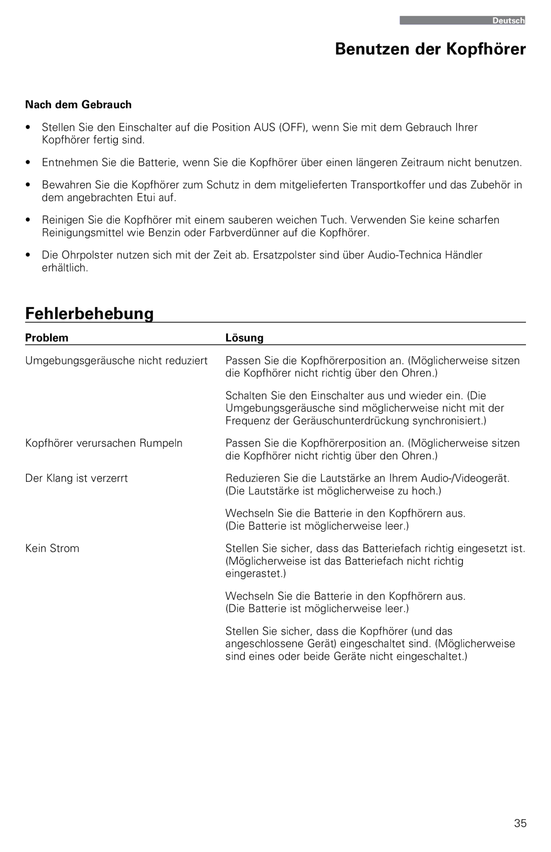 Audio-Technica ATH-ANC9 instruction manual Fehlerbehebung, Nach dem Gebrauch, Problem Lösung 