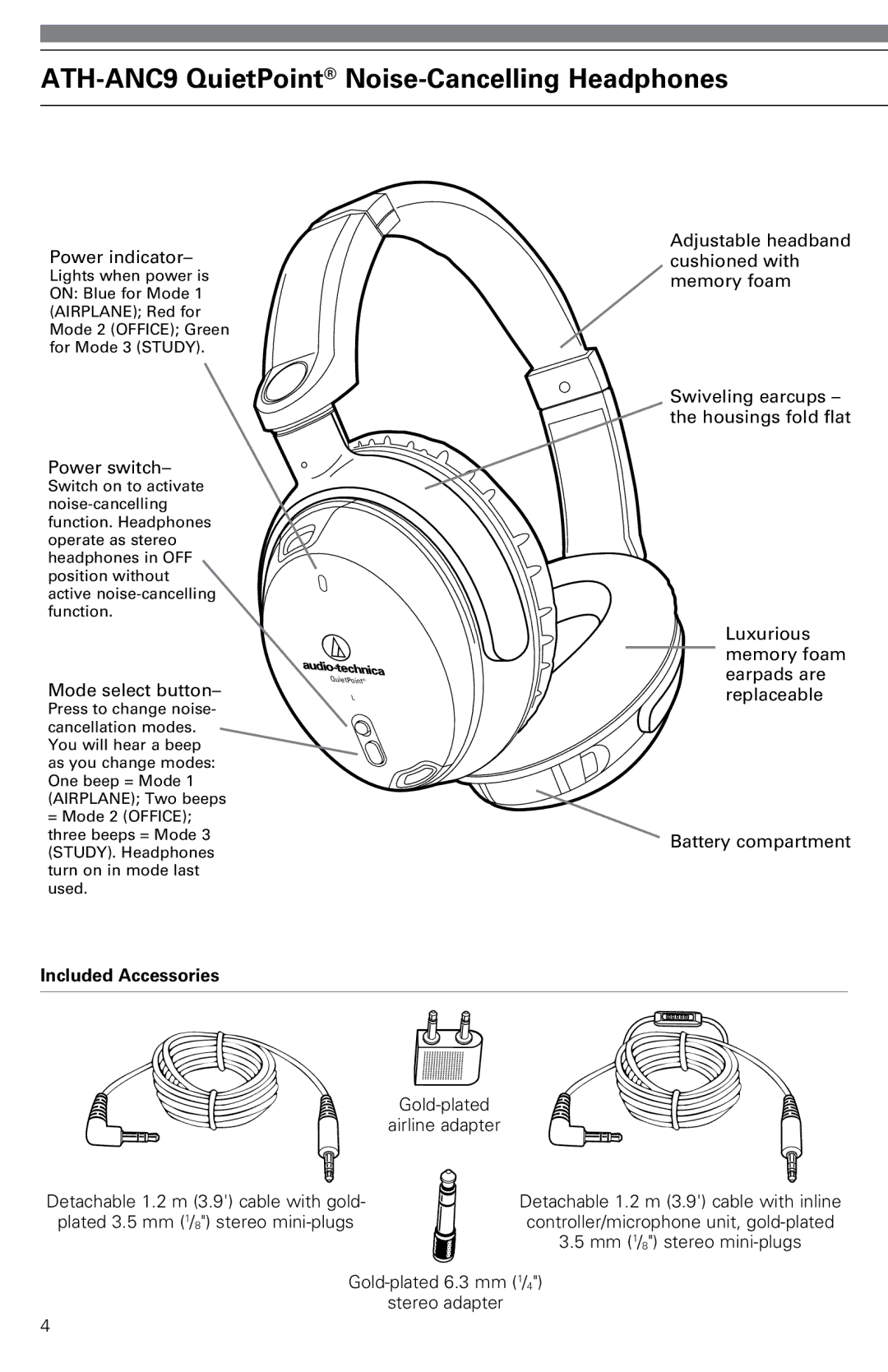 Audio-Technica instruction manual ATH-ANC9 QuietPoint Noise-Cancelling Headphones, Included Accessories 