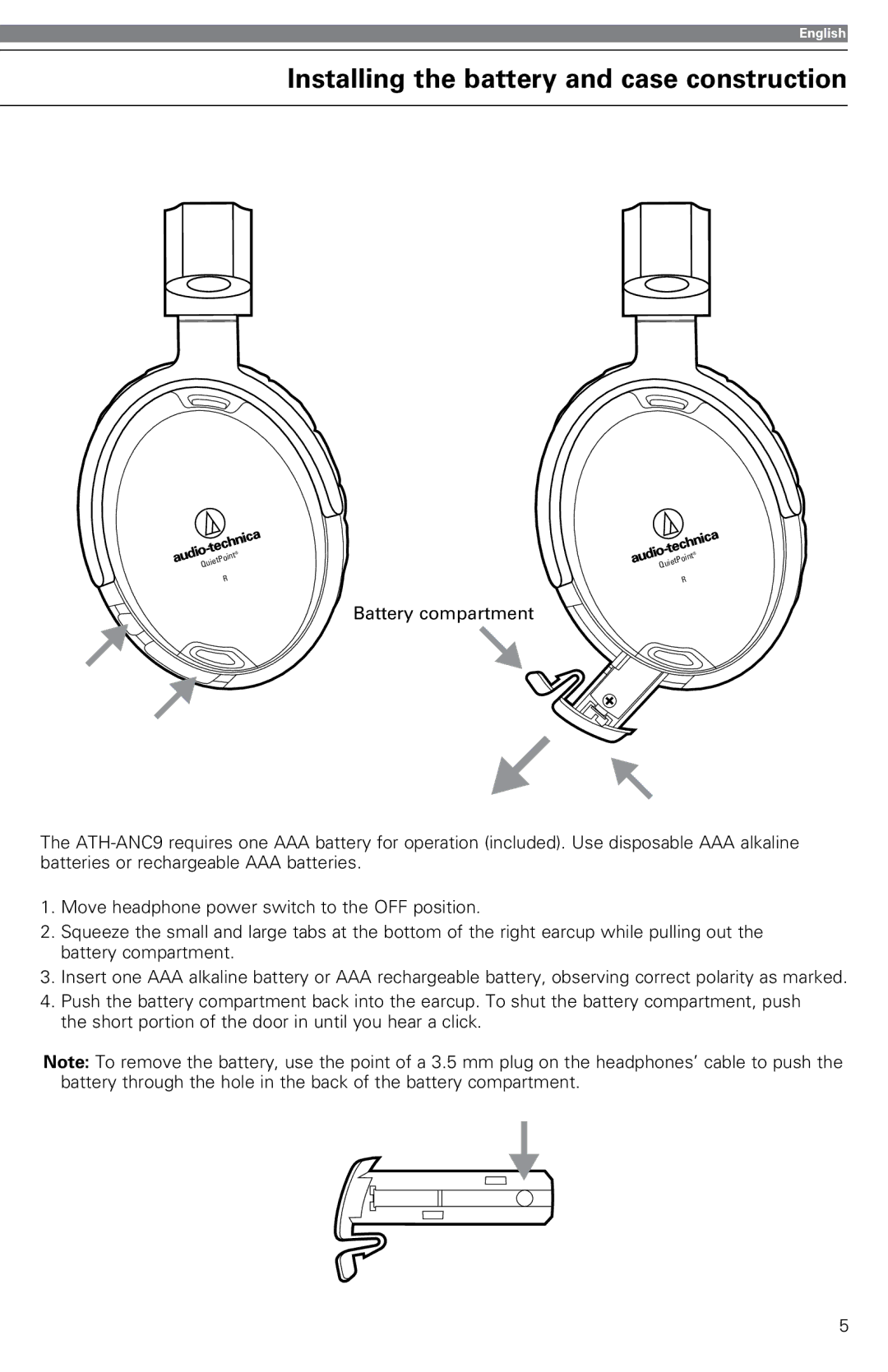 Audio-Technica ATH-ANC9 instruction manual Installing the battery and case construction 